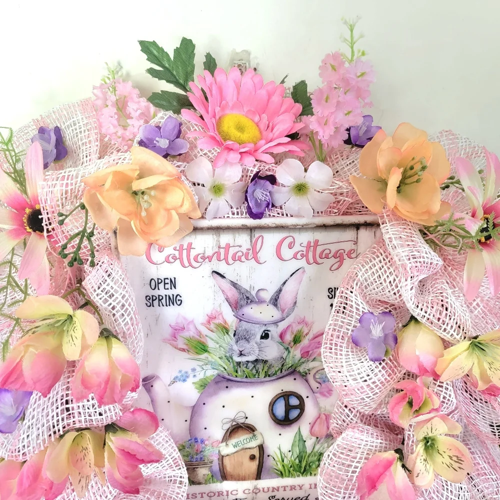Easter Cottontail Inn Sign Bunny in a Teapot Deco Mesh Bow Floral Rabbit - Picture 5 of 8